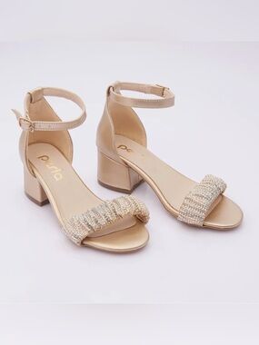 Perla  Champagne Gold Rhinestone Block Heel Sandals with Ankle Strap Sz 5
